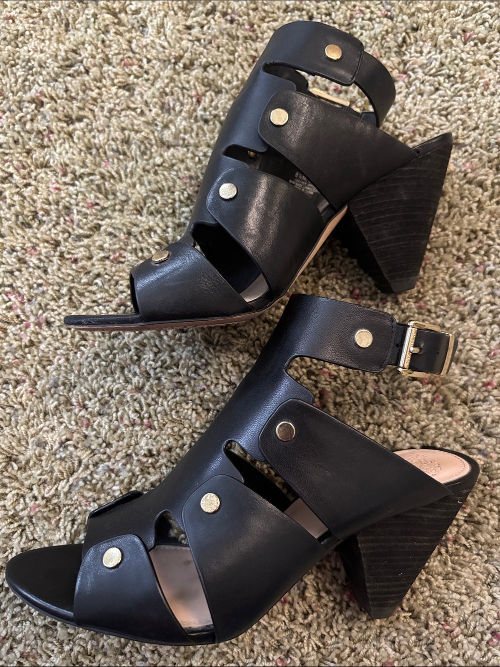 Vince Camuto Ekerd Black Leather Strappy Block Heel Sandals Size 8.5M 38.5